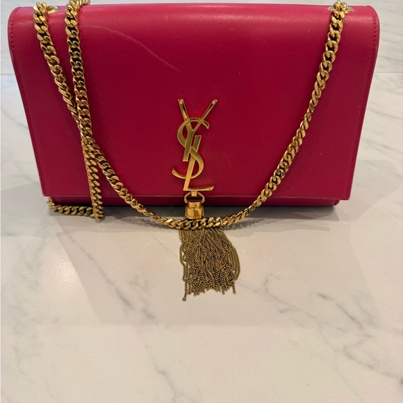 Yves Saint Laurent Calfskin Monogram Kate Fuchsia Crossbody with Gold Chain